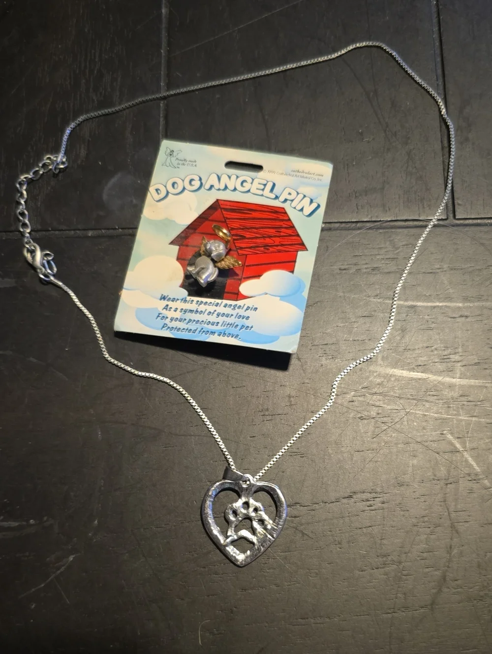 Dog Angel Lapel Pin And Paw Heart Necklace